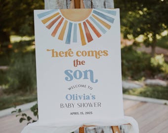 Sunshine Baby Shower Welcome Sign, Here Comes the Son Baby Shower Welcome Poster, Boy Baby Sprinkle Entrance Sign, Its a Boy, Editable