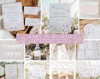 Baby in Bloom Baby Shower Bundle, Editable Wildflower Baby Shower Invitation & Games, Spring Floral Baby Sprinkle, Printable Template