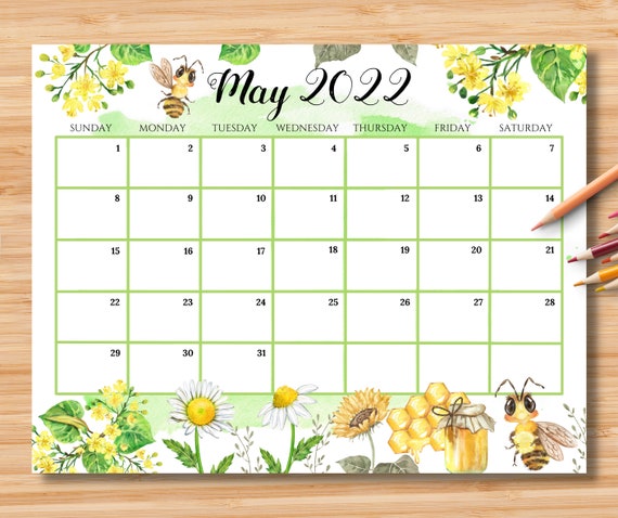 editable may 2022 calendar beautiful spring with cute honey etsy canada