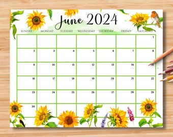 EDITABLE June 2024 Calendar, Gorgeous Summer with Beautiful Sunflowers, Printable Classroom Calendar, Monthly Planner, Kids School Schedule