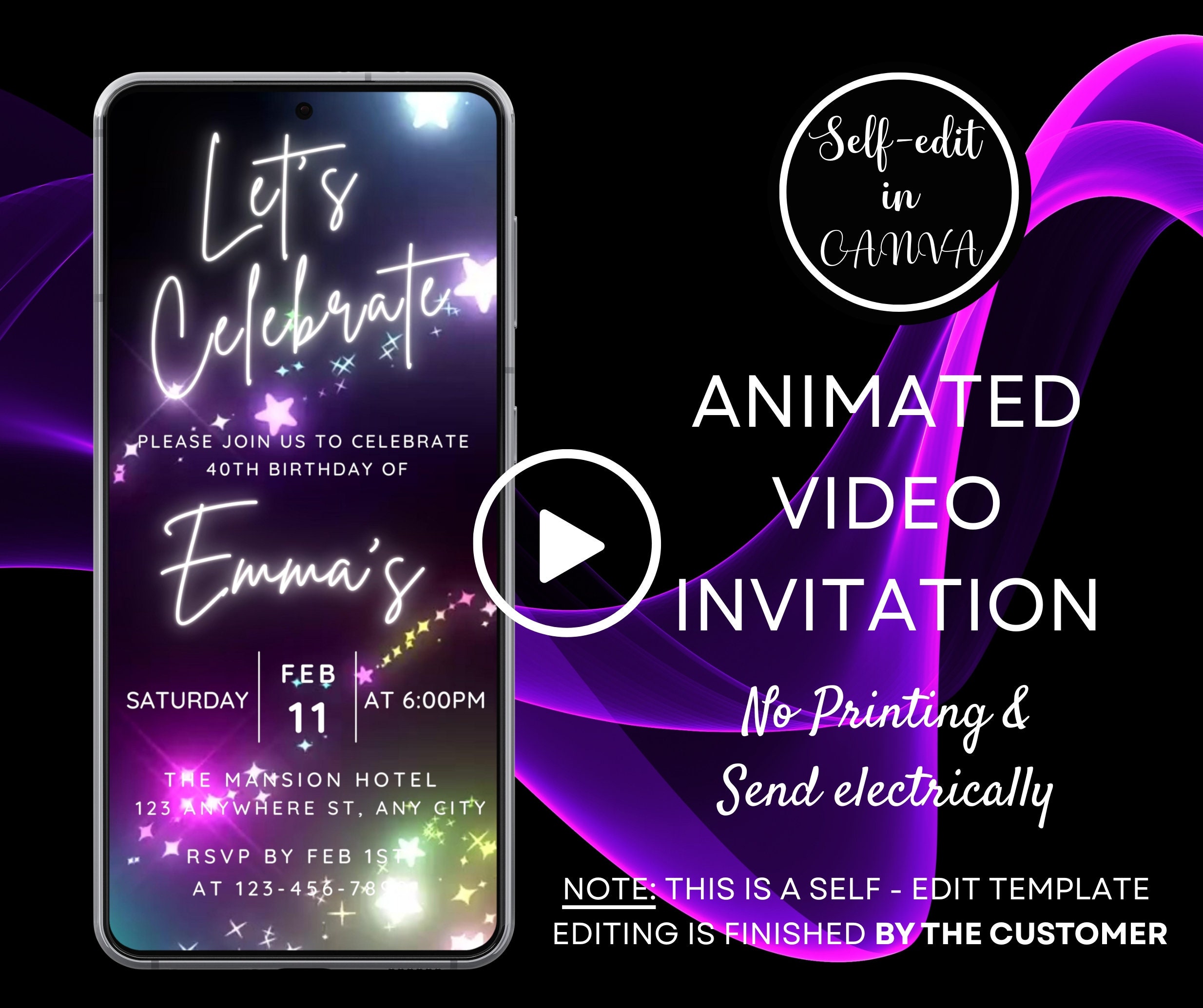 Video Glitter Colorful Birthday Party Invitation, Any Age Birthday ...