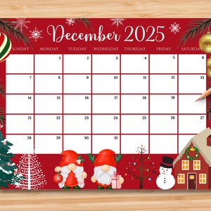 EDITABLE December 2025 Calendar, Colorful Christmas with Cute Gnomes, Printable Monthly Calendar for Kids School Home Work Office, Digital