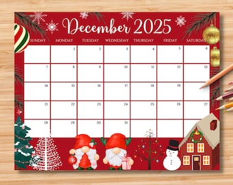 EDITABLE December 2025 Calendar, Colorful Christmas with Cute Gnomes, Printable Monthly Calendar for Kids School Home Work Office, Digital