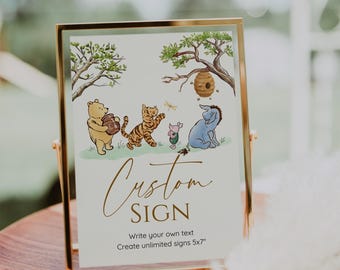 Letrero personalizado de Winnie the Pooh, letrero clásico editable de oso Pooh, decoración para baby shower y primer cumpleaños, unisex, imprimible, descarga instantánea
