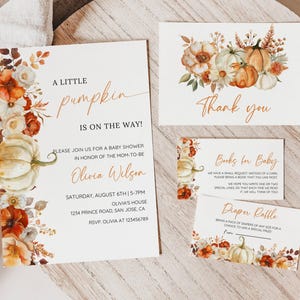 Little Pumpkin Baby Shower Invitation, Fall Floral Pumpkin Baby Shower Invite Template, Books for Baby, Diaper Raffle, EDITABLE, Printable