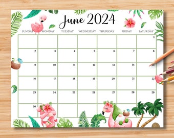 EDITABLE June 2024 Calendar, Joyful Summer with Cute Gnomes & Coconut Trees, Printable Classroom Calendar Planner, Kids School Schedule