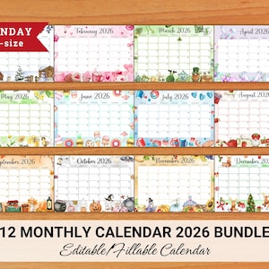 May include: A 12-month calendar bundle for 2026, featuring a variety of seasonal illustrations. Each month has a unique design, with themes like hearts, shamrocks, and pumpkins. The calendar is A4-size and labeled as editable and fillable.