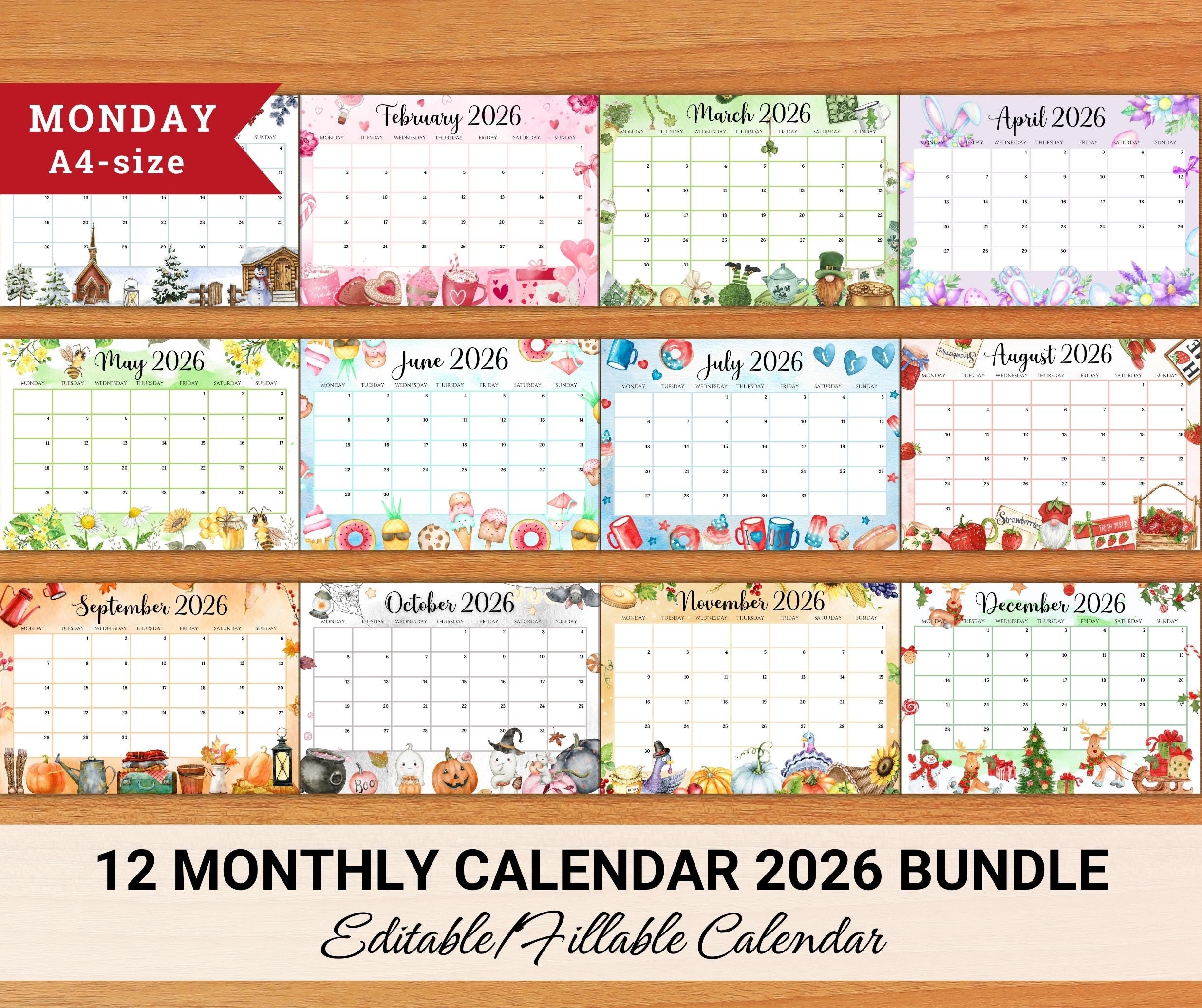 Editable 2026 Calendar A4, Monday Start Monthly Planner PDF, Printable ...