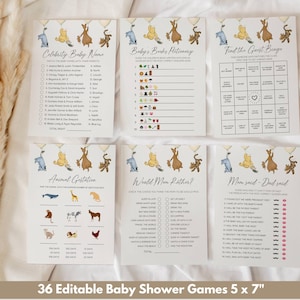 May include: Set of 36 printable baby shower games featuring Winnie the Pooh and friends. The games include "Celebrity Baby Name", "Baby's Books Dictionary", "Find the Guest Bingo", "Animal Gestation", "Would Mom Rather?", and "Mom Said - Dad Said".