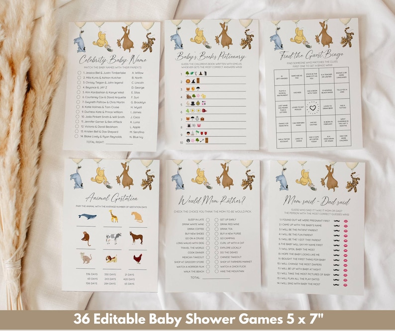 May include: Set of 36 printable baby shower games featuring Winnie the Pooh and friends. The games include "Celebrity Baby Name", "Baby's Books Dictionary", "Find the Guest Bingo", "Animal Gestation", "Would Mom Rather?", and "Mom Said - Dad Said".