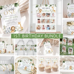Wild One 1. Geburtstag Bundle, Safari Wild One Geburtstag Bundle, Wild One Einladung Bundle, sofortiger Download, Geburtstagskind Meilenstein Willkommen