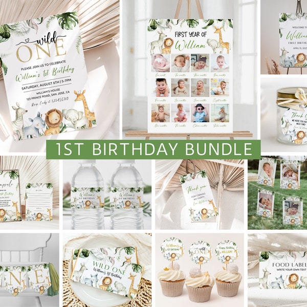 Wild One 1st Birthday Bundle, Safari Wild One Birthday Bundle, Wild One Invitation Bundle, Instant Download, Birthday Boy Milestone Welcome