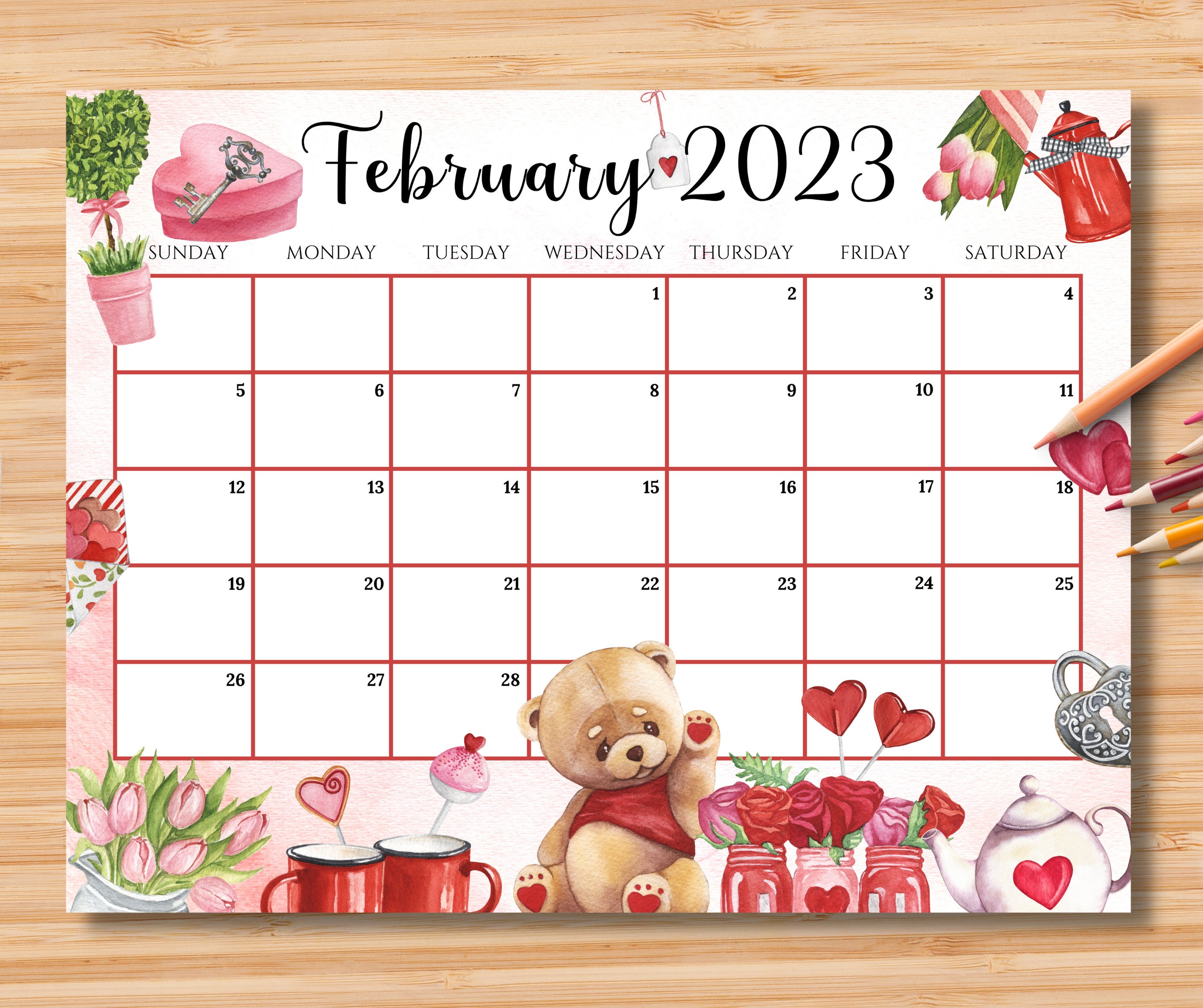 Editable February 2023 Calendar Sweet Valentine Planner 2023 - Etsy Norway