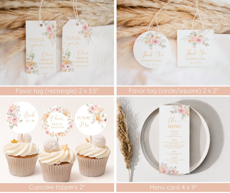 Op de afbeelding: Een set bedrukte bruidsdouche-decoraties met een bloemenontwerp in perzik-, roze- en witte tinten. De set bevat bedankkaartjes, cupcake-toppers en een menukaart. De bedankkaartjes zijn verkrijgbaar in rechthoekige en ronde/vierkante vormen. De cupcake-toppers bevatten de tekst "Bride to Be", "Chans Bridal Shower" en "Future Mrs". De menukaart bevat de tekst "The Menu".