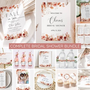 Fall in Love Bridal Shower Invitation Bundle, Autumn Floral Bridal Shower Template, Bridal Games, Welcome Sign, Fall Bridal Shower, EDITABLE