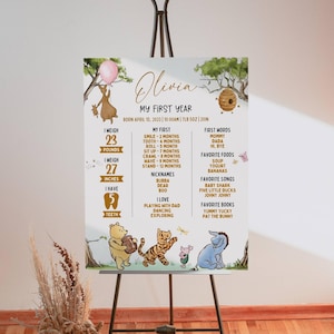 Bearbeitbares Winnie the Pooh Meilensteinzeichen zum 1. Geburtstag, klassisches Pooh-Bär-Geburtstagsbrett, rosa Ballonthema, Canva-Vorlage, Sofort-Download
