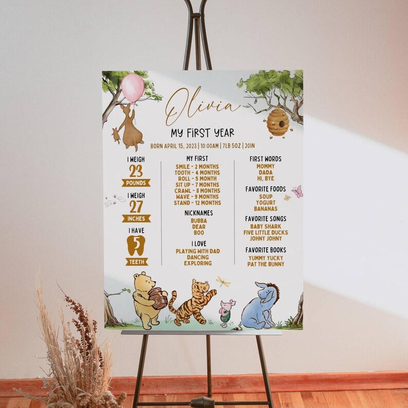 Editable Winnie the Pooh 1st Birthday Milestone Sign, Classic Pooh Bear ...