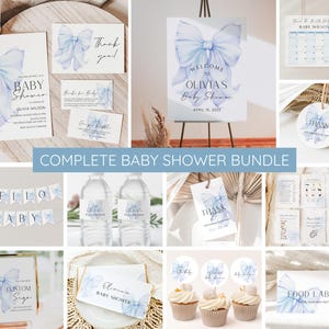 May include: A complete baby shower bundle featuring blue and white watercolour bow designs. The bundle includes invitations, thank you cards, water bottle labels, cupcake toppers, food labels, and more. The text on the welcome sign reads "Welcome to Olivia's Baby Shower, April 15, 2025".