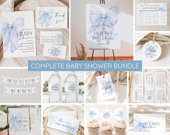Blue Bow Baby Shower Invitation Bundle, Editable Blue Bow Invitation and Games, Elegant Blue Bow Baby Shower Decoration Baby Boy Printable
