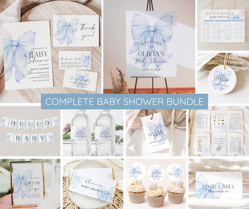 May include: A complete baby shower bundle featuring blue and white watercolour bow designs. The bundle includes invitations, thank you cards, water bottle labels, cupcake toppers, food labels, and more. The text on the welcome sign reads "Welcome to Olivia's Baby Shower, April 15, 2025".