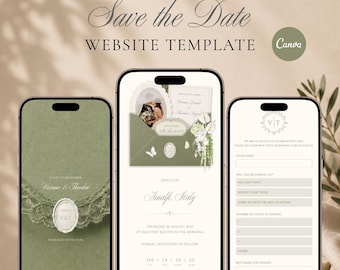 Sage Green & Ivory Save the Date Website Template, Digital Wedding Invitation with RSVP, Paperless Canva Text Invite, Instant Download