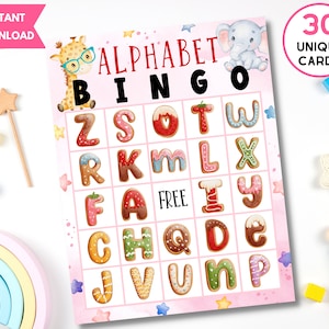 Juego de bingo con alfabeto de galletas imprimible con 30 cartones de bingo únicos, actividad educativa para niños, escuela en casa imprimible, preescolar, jardín de infantes