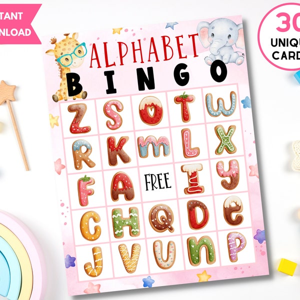 Jeu de bingo cookie alphabet imprimable avec 30 cartes de bingo uniques, activité éducative pour les enfants, école à la maison imprimable, école maternelle, maternelle