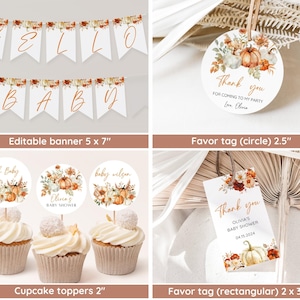 May include: Fall-themed baby shower decorations with a banner that says "Hello Baby", cupcake toppers with a pumpkin and floral design, and favor tags that say "Thank you" with a pumpkin and floral design. The favor tags are available in a circle and rectangular shape.