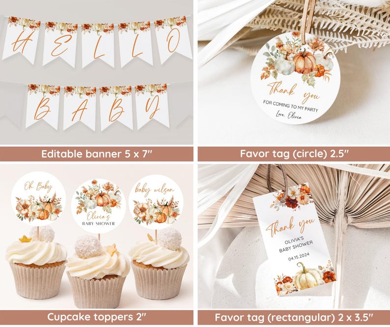 May include: Fall-themed baby shower decorations with a banner that says "Hello Baby", cupcake toppers with a pumpkin and floral design, and favor tags that say "Thank you" with a pumpkin and floral design. The favor tags are available in a circle and rectangular shape.
