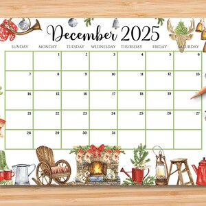 Calendario dicembre 2025 MODIFICABILE, Bellissimo pianificatore di decorazioni natalizie in stile fattoria, Calendario mensile stampabile per bambini, scuola, casa, ufficio, lavoro