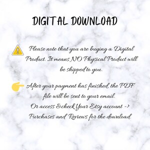 Puede incluir: Un aviso de descarga digital con un signo de exclamaci&oacute;n amarillo y una mano amarilla apuntando hacia la derecha. El texto dice: "Tenga en cuenta que est&aacute; comprando un producto digital. Esto significa que NO se enviar&aacute; ning&uacute;n producto f&iacute;sico. Una vez que su pago se haya completado, el archivo PDF se enviar&aacute; a su correo electr&oacute;nico. O acceda y revise su cuenta de Etsy -> Compras y rese&ntilde;as para la descarga."