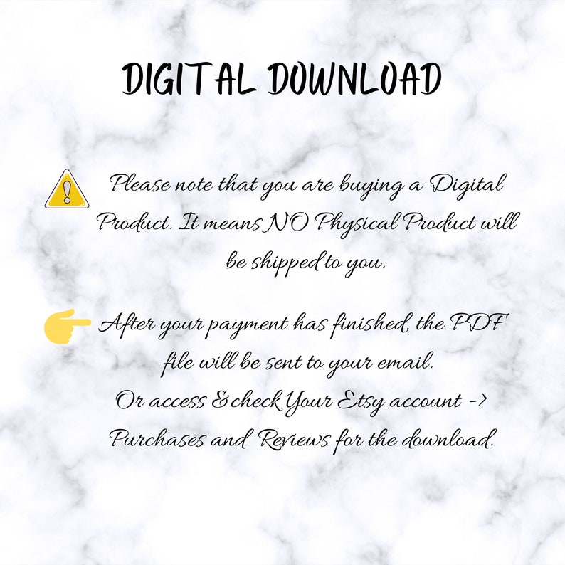 Puede incluir: Un aviso de descarga digital con un signo de exclamaci&oacute;n amarillo y una mano amarilla apuntando hacia la derecha. El texto dice: "Tenga en cuenta que est&aacute; comprando un producto digital. Esto significa que NO se enviar&aacute; ning&uacute;n producto f&iacute;sico. Una vez que su pago se haya completado, el archivo PDF se enviar&aacute; a su correo electr&oacute;nico. O acceda y revise su cuenta de Etsy -> Compras y rese&ntilde;as para la descarga."
