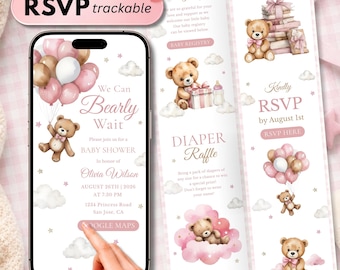 Editable Teddy Bear Baby Shower Website Invitation, Online RSVP Digital Invite, We Can Bearly Wait Pink Girl Bear Balloon Canva Template