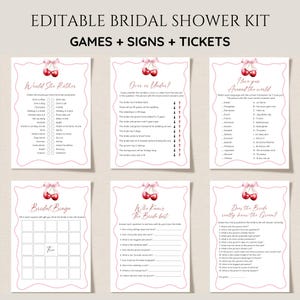 May include: A collection of printable bridal shower games and signs. The kit includes games like "Would She Rather," "Over or Under," and "I Love You Around the World." Each game features a decorative cherry design and is ready to be customized.