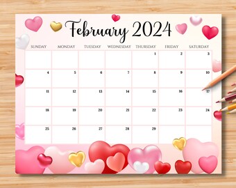 EDITABLE Calendario febbraio 2024, Dolce San Valentino con cuori rosa, Pianificatore calendario modificabile stampabile, Programma per bambini, Download istantaneo