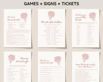 May include: Printable bridal shower game cards with pink floral illustrations. The games include "Famous Movie Quotes", "Would She Rather", "I Love You Around the World", "Disney Love Songs", "Who Knows the Bride Best", and "Does the Bride Really Know the Groom?"