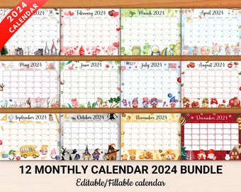 EDITABLE Gnome Monthly Calendar 2024, 12 Beautiful Fillable Monthly Planner, Cute Printable 2024 Calendar Planner for Kids, Instant Download