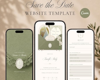 Sage Green & Ivory Save the Date Website Template, Digital Wedding Invitation with RSVP, Paperless Canva Text Invite, Instant Download