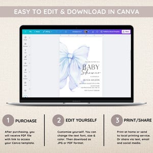 May include: A blue and white baby shower invitation template with a watercolour bow. The text reads "You are invited to a Baby Shower in honour of Olivia Wilson Saturday August 12th, 2024 at 2:00 PM.  [Address] RSVP [Phone Number] [Email Address]"