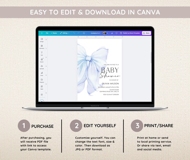 May include: A blue and white baby shower invitation template with a watercolour bow. The text reads "You are invited to a Baby Shower in honour of Olivia Wilson Saturday August 12th, 2024 at 2:00 PM.  [Address] RSVP [Phone Number] [Email Address]"