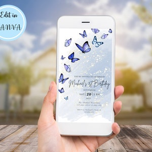 Invito di compleanno farfalla blu digitale modificabile, primo invito festa di compleanno per cellulare elettrico, invito di testo, modello Canva