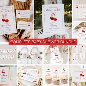 Cherry Baby Shower Invitation Bundle, Cherry on top Invite Set, Coquette Pink Bow & Berries Girl Baby Shower, Editable Templates, Printable