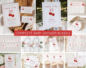 Paquete de invitaciones para baby shower con diseño de cerezas, conjunto de invitaciones con diseño de cerezas, baby shower para niña con lazo rosa y bayas, plantillas editables e imprimibles.