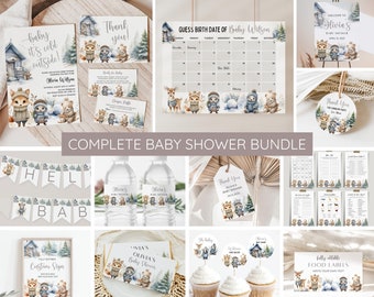 Puede incluir: Un paquete completo de baby shower con temática de bosque. El paquete incluye invitaciones, tarjetas de agradecimiento, etiquetas para botellas de agua, etiquetas para alimentos, adornos para cupcakes, un letrero de bienvenida, un juego para adivinar la fecha de nacimiento del bebé y una tarjeta de rifa de pañales. El diseño presenta un lindo tema de animales del bosque con un oso pardo, un zorro, un ciervo y una ardilla.
