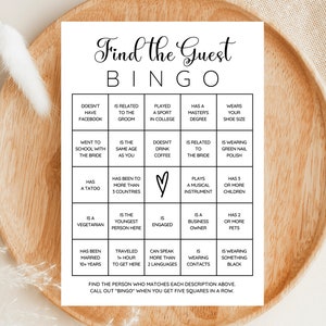 Juego de bingo Find the Guest, juego de bingo minimalista para despedidas de soltera, juego de bingo para despedidas de soltera, simple y blanco, PDF imprimible, descarga instantánea