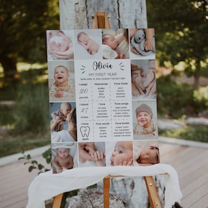 Panneau MODIFIABLE pour le premier anniversaire, affiche moderne pour le premier anniversaire du premier anniversaire, tableau minimaliste pour les photos d'un an pour bébé, modèle sur toile