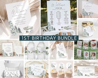 May include: A winter wonderland themed first birthday party printable bundle with a watercolor illustration of a snowy forest. The bundle includes invitations, food labels, water bottle labels, cupcake toppers, a thank you tag, a time capsule, a milestone chart, and a banner.