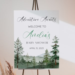 Cartel de bienvenida para baby shower con temática de aventura, cartel de bienvenida para baby shower al aire libre con temática de bosque, montaña con pinos en el bosque, género neutro, editable