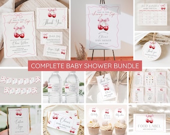 Paquete de invitaciones para baby shower con cerezas, juego de invitaciones con cerezas en la parte superior, bayas con lazo rosa coqueto, baby shower de niña, plantillas editables, imprimibles