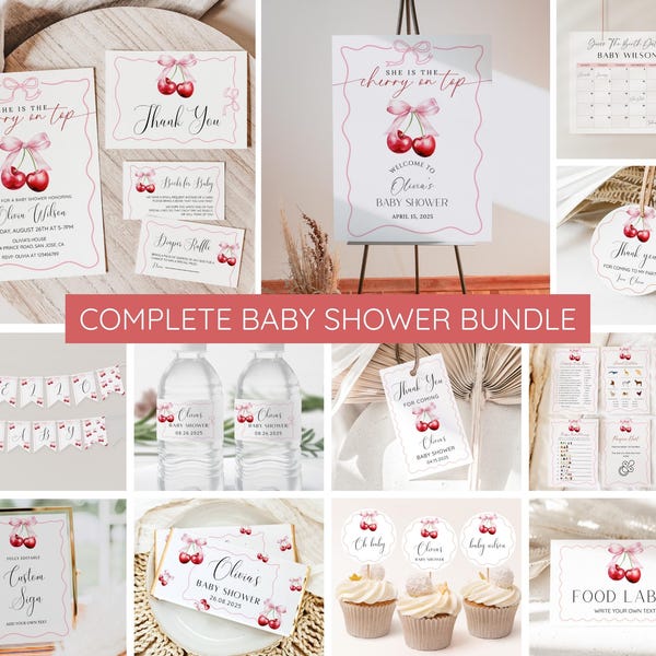 Cherry Baby Shower Invitation Bundle, Cherry on top Invite Set, Coquette Pink Bow Berries, Girl Baby Shower, Editable Templates, Printable